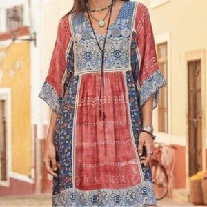 SUNDANCE Blue Terracota Cottagecore Gypsy Hippie Paisley Boho Peasant Dress Sz M